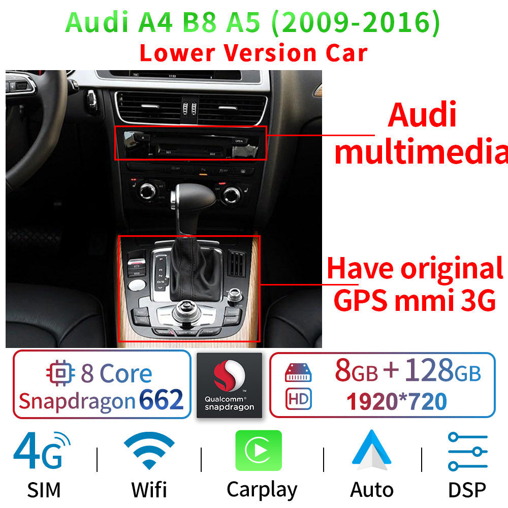 12.3" Android 12 Car Radio Player For Audi A4 S4 A5 S5 2009-2016 WIFI SIM 1920*720 8 Core CPU 8+128GB Carplay GPS Navi Stereo - RampageApparel