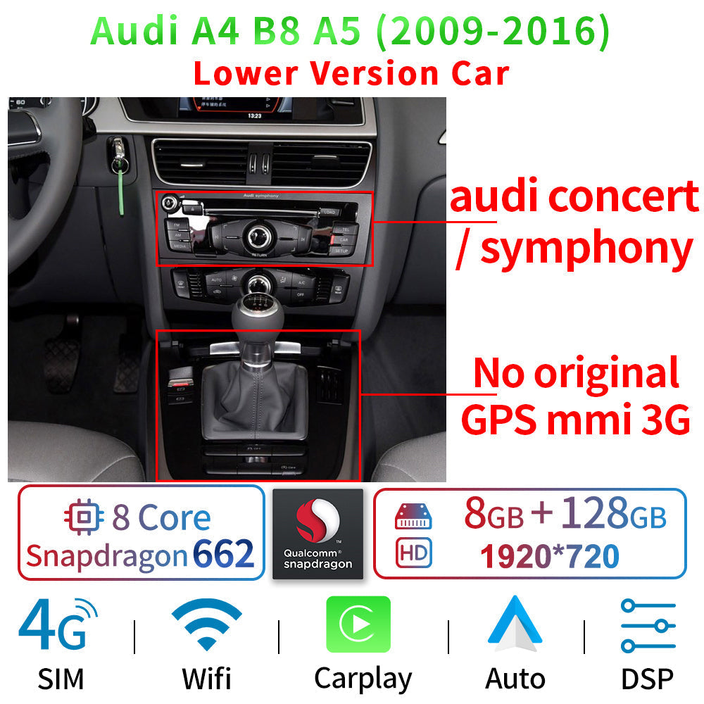 12.3" Android 12 Car Radio Player For Audi A4 S4 A5 S5 2009-2016 WIFI SIM 1920*720 8 Core CPU 8+128GB Carplay GPS Navi Stereo - RampageApparel