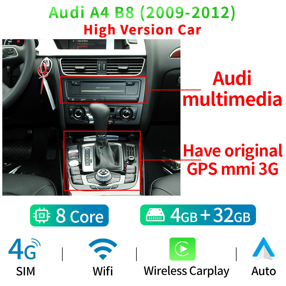 WIFI SIM Android 12 Car Multimedia Player Carplay For Audi A4 B8 2009-2016 8 Core CPU Google BT GPS Navi Receiver Tablet - RampageApparel