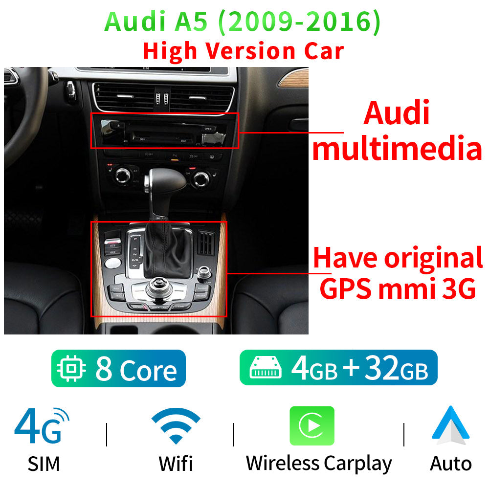 8 Core Android System Car Display Screen For Audi A5 09-16 WIFI 4G SIM BT GPS Navi Touch Stereo Player Carplay - RampageApparel