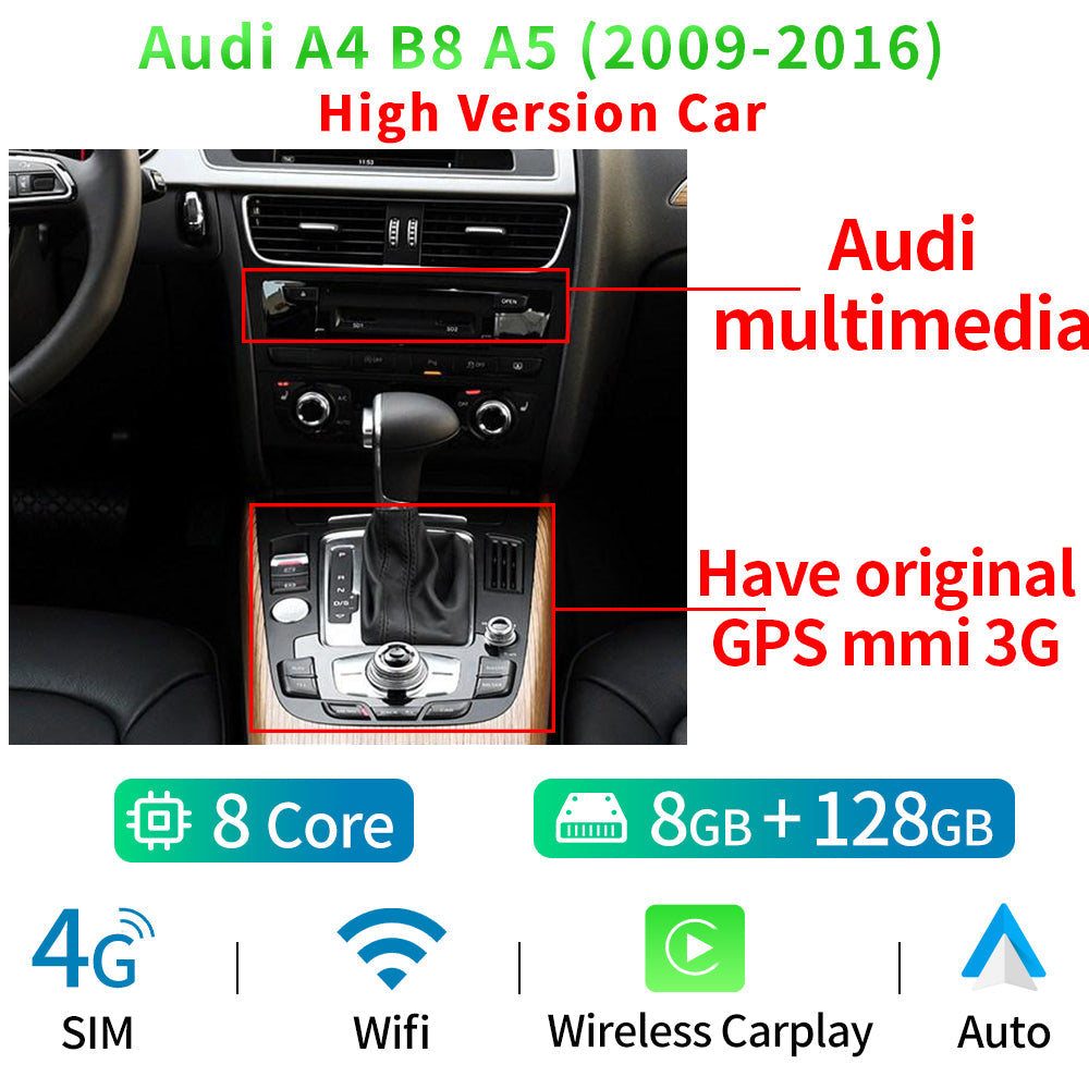 12.3" Android 12 Car Radio Player For Audi A4 S4 A5 S5 2009-2016 WIFI SIM 1920*720 8 Core CPU 8+128GB Carplay GPS Navi Stereo - RampageApparel