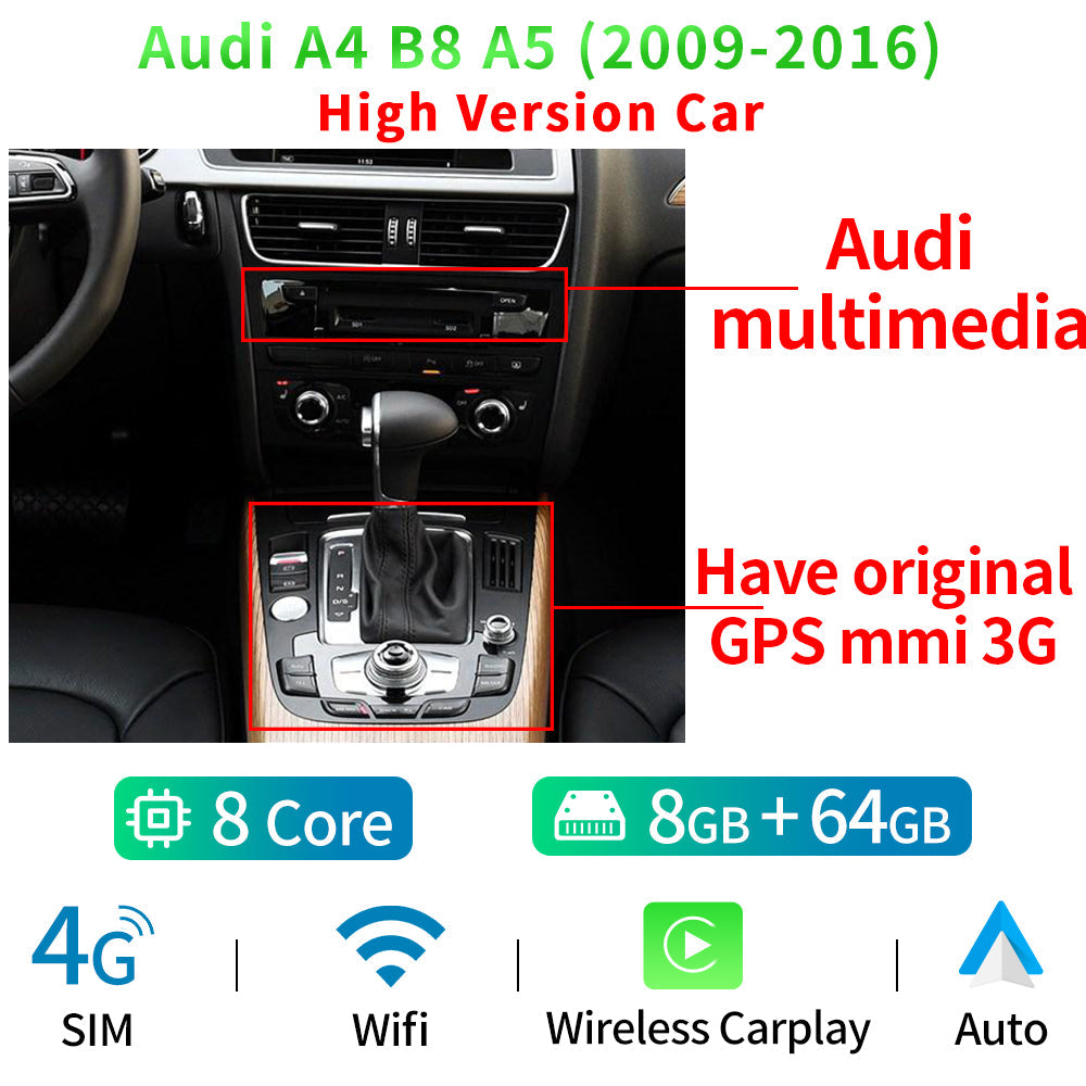 12.3" Android 12 Car Radio Player For Audi A4 S4 A5 S5 2009-2016 WIFI SIM 1920*720 8 Core CPU 8+128GB Carplay GPS Navi Stereo - RampageApparel