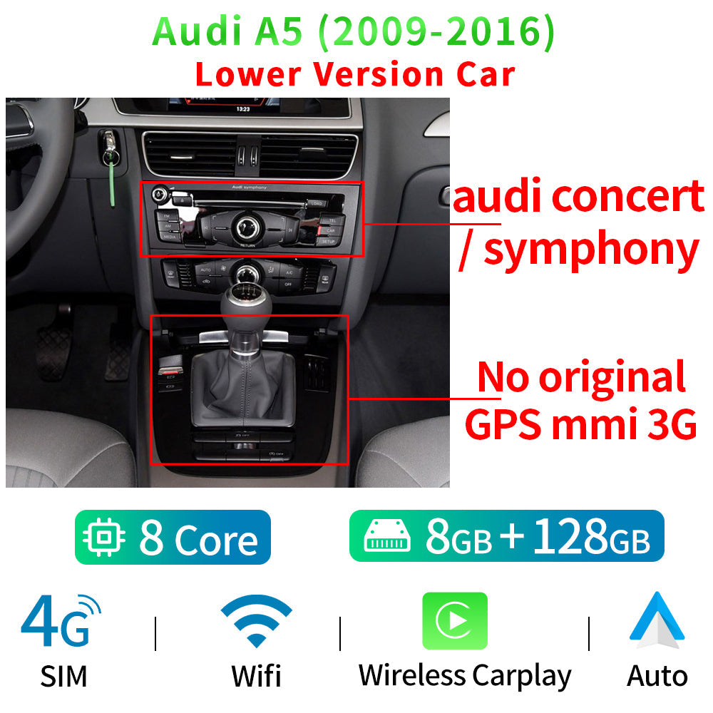 8 Core Android System Car Display Screen For Audi A5 09-16 WIFI 4G SIM BT GPS Navi Touch Stereo Player Carplay - RampageApparel