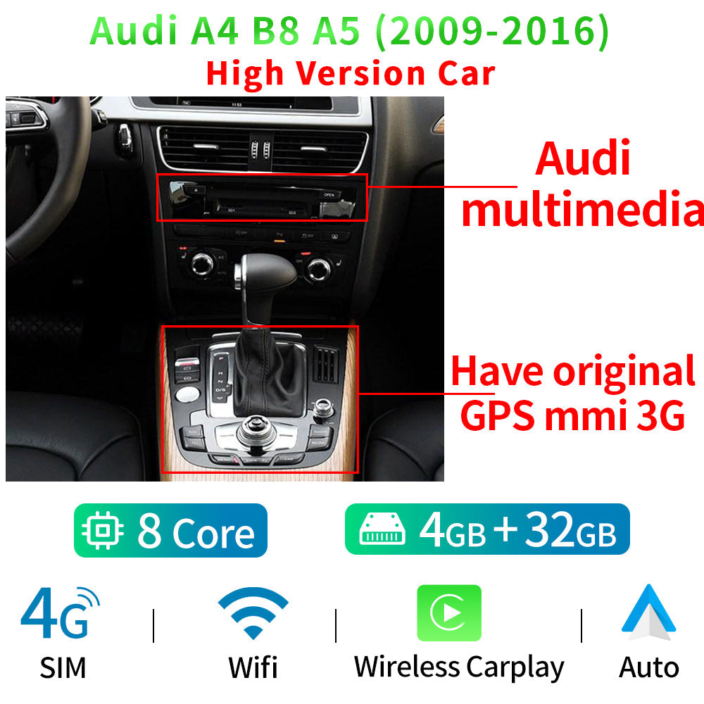 12.3" Android 12 Car Radio Player For Audi A4 S4 A5 S5 2009-2016 WIFI SIM 1920*720 8 Core CPU 8+128GB Carplay GPS Navi Stereo - RampageApparel